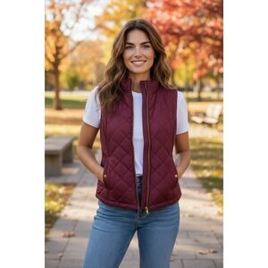 Crown & Ivy Women Vest Quilted Puffer Full Zip Burgundy Lightweight Size Small